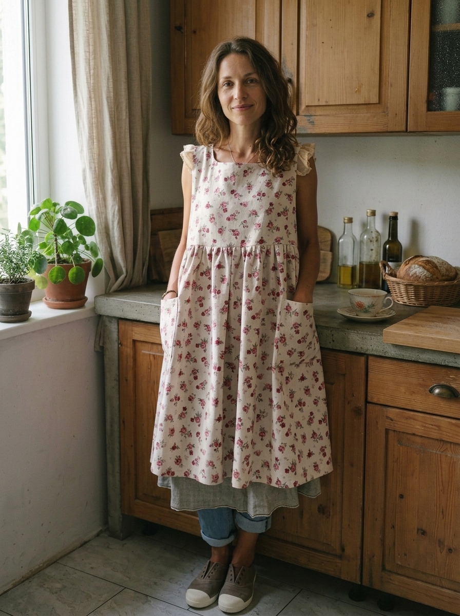 Vintage Beige Base Pink Floral Print Long Apron & Dress (2-in-1)