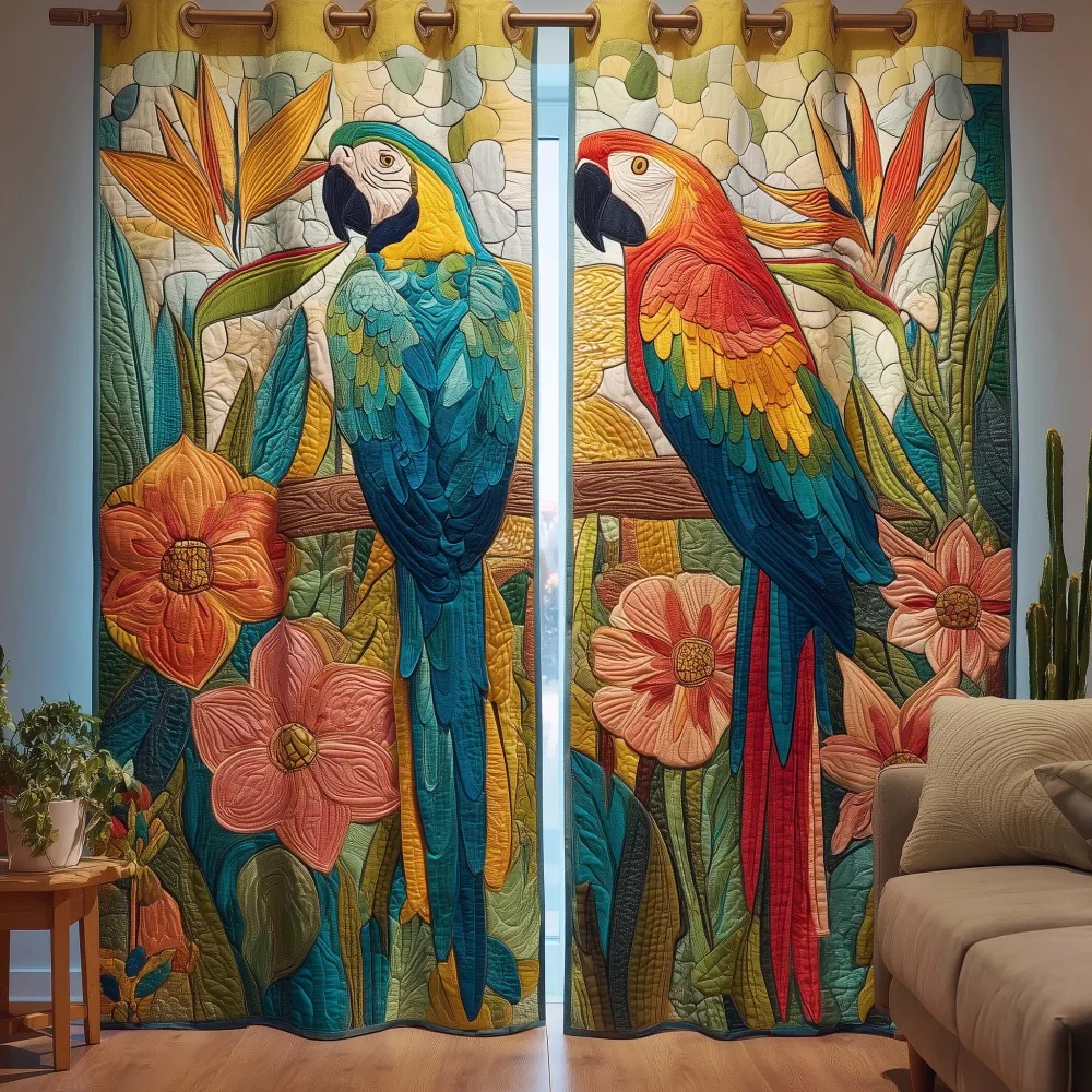 Vibrant Macaw Parrot & Tropical Floral Embroidered Knitwear Quilted Curtains