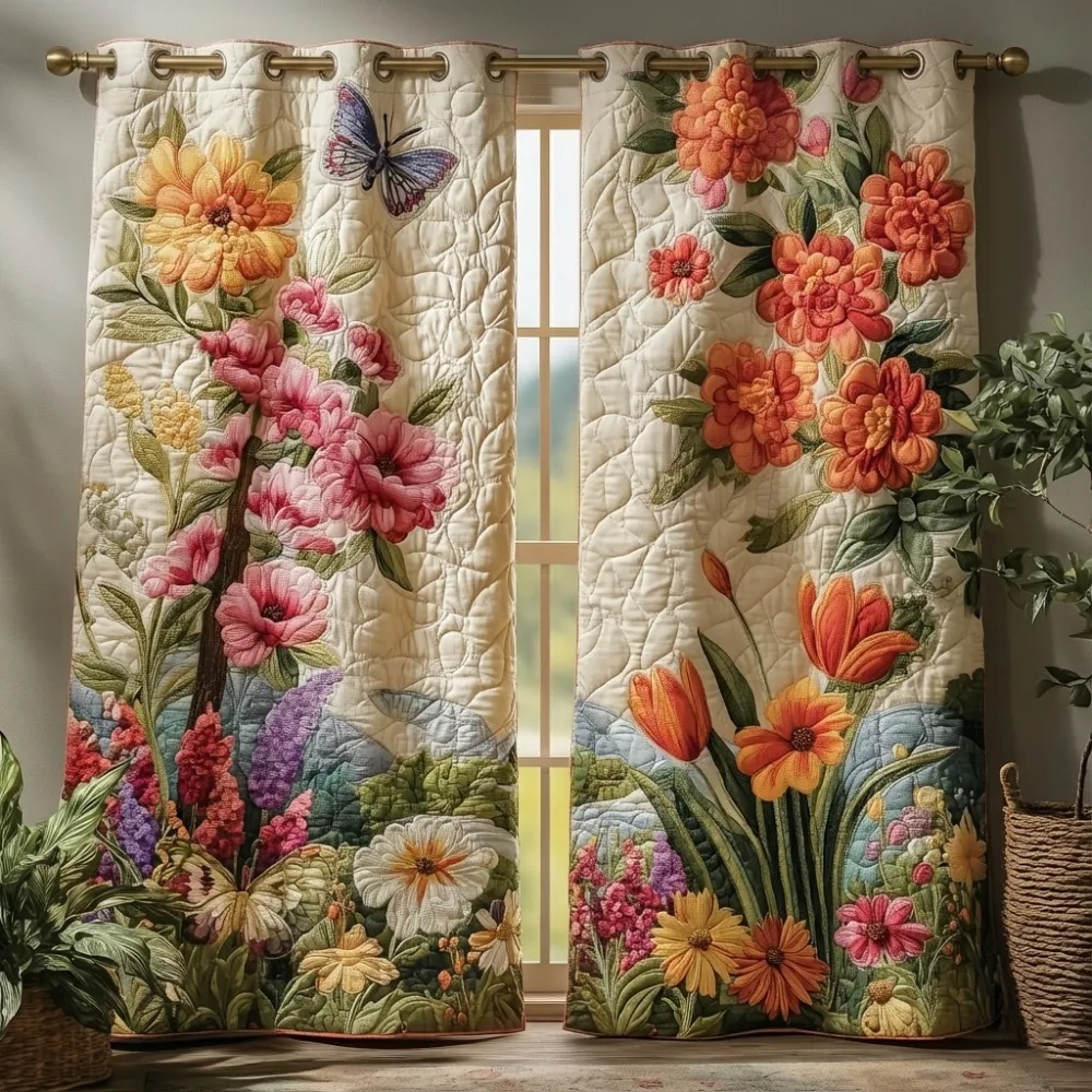 Vibrant Floral Garden & Butterflies Embroidered Knitwear Quilted Curtains