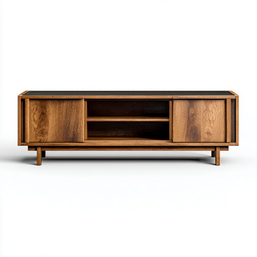 Meuble TV en bois de noyer avec deux portes coulissantes et deux niches centrales-Dci Furniture