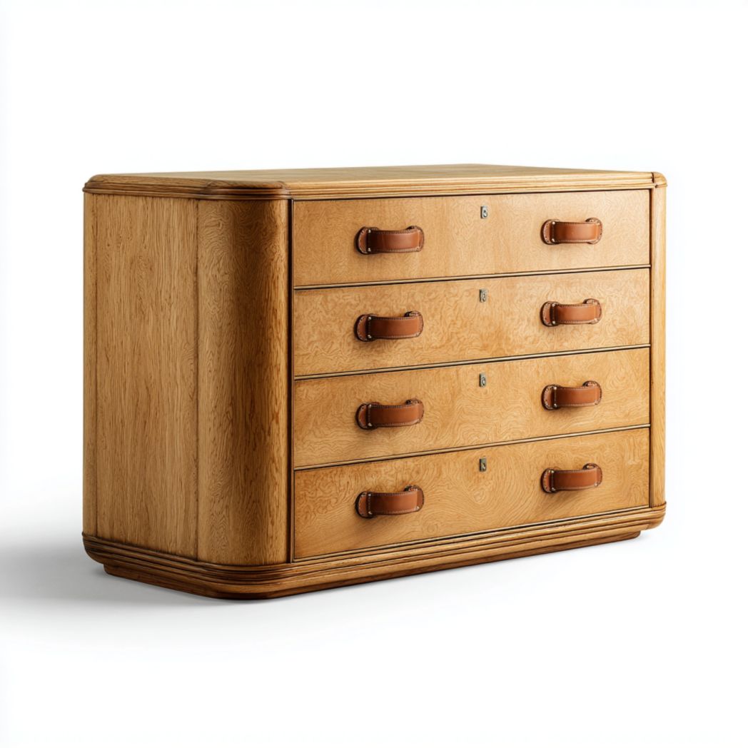 Commode en chêne avec quatre tiroirs et poignées en cuir marron-Dci Furniture