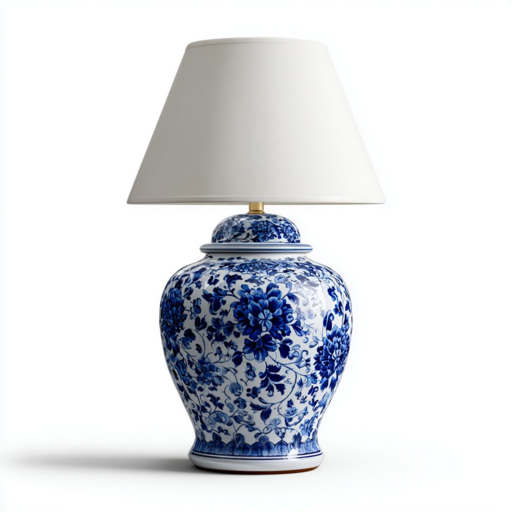 Lampe de table en céramique blanche à motif floral bleu, abat-jour textile clair-Dci Furniture