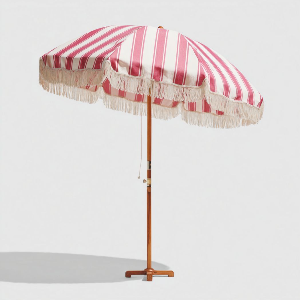 Parasol droit de jardin rayé rose et blanc avec franges en tissu polyester et mât en bois-Dci Furniture