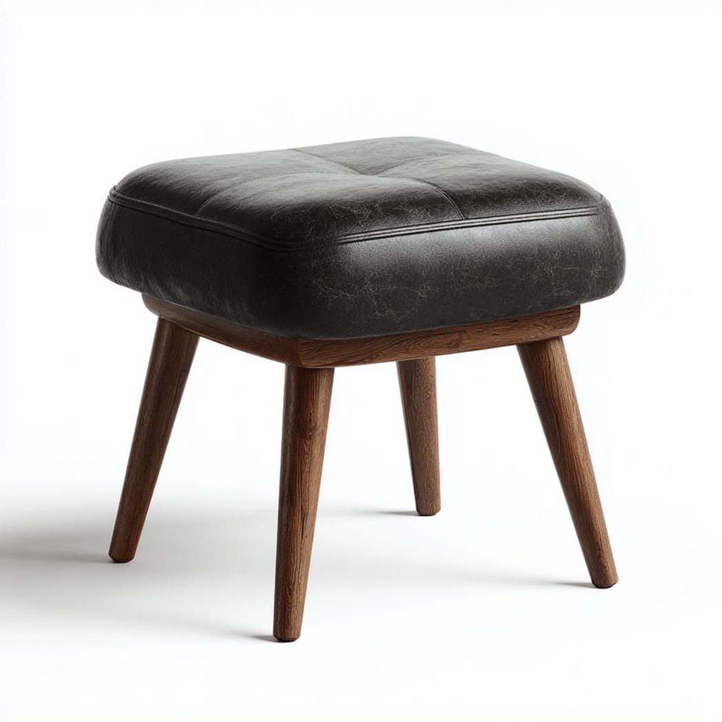 Pouf Carré en Cuir avec Pieds en Bois de Noyer-Dci Furniture