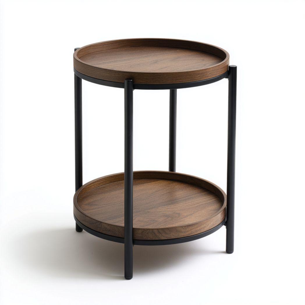 Table d'Appoint Ronde à 2 Niveaux en Bois de Manguier et Acier Noir-Dci Furniture