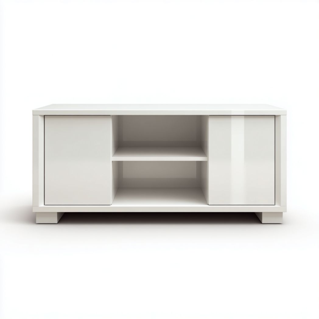 Meuble TV Bas avec 2 Portes et 2 Niches Ouvertes en Blanc Brillant-Rr Furniture