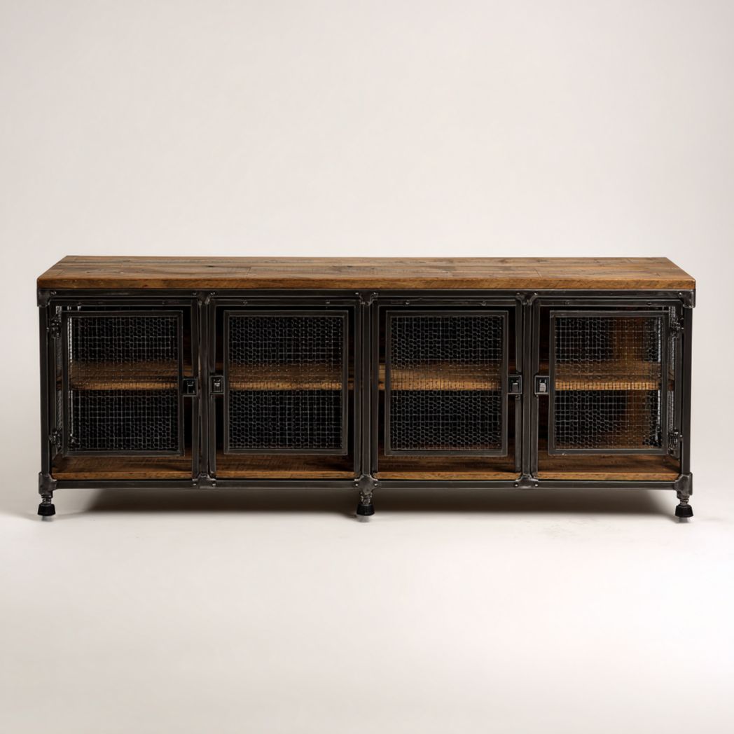 Buffet bas avec quatre portes en grillage métallique et structure en bois de manguier-Rr Furniture