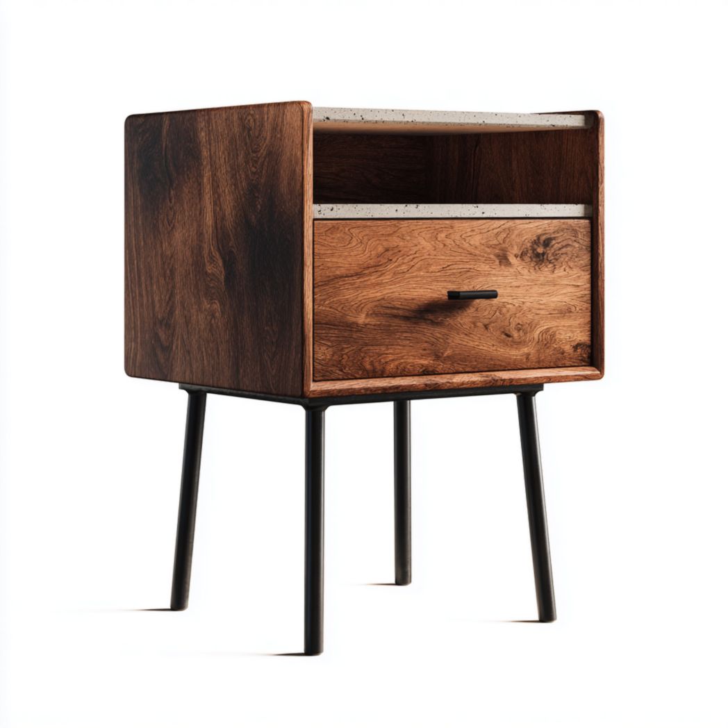 Table de chevet en noyer avec un tiroir, une niche et pieds en acier-Rr Furniture