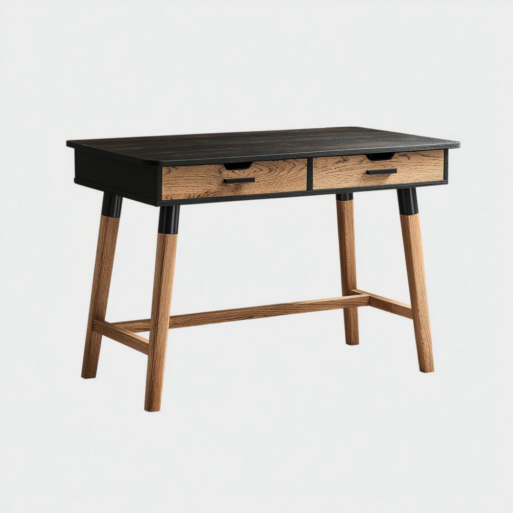 Bureau avec plateau en chêne massif teinté et double tiroir avec piètement en chêne massif-Rr Furniture