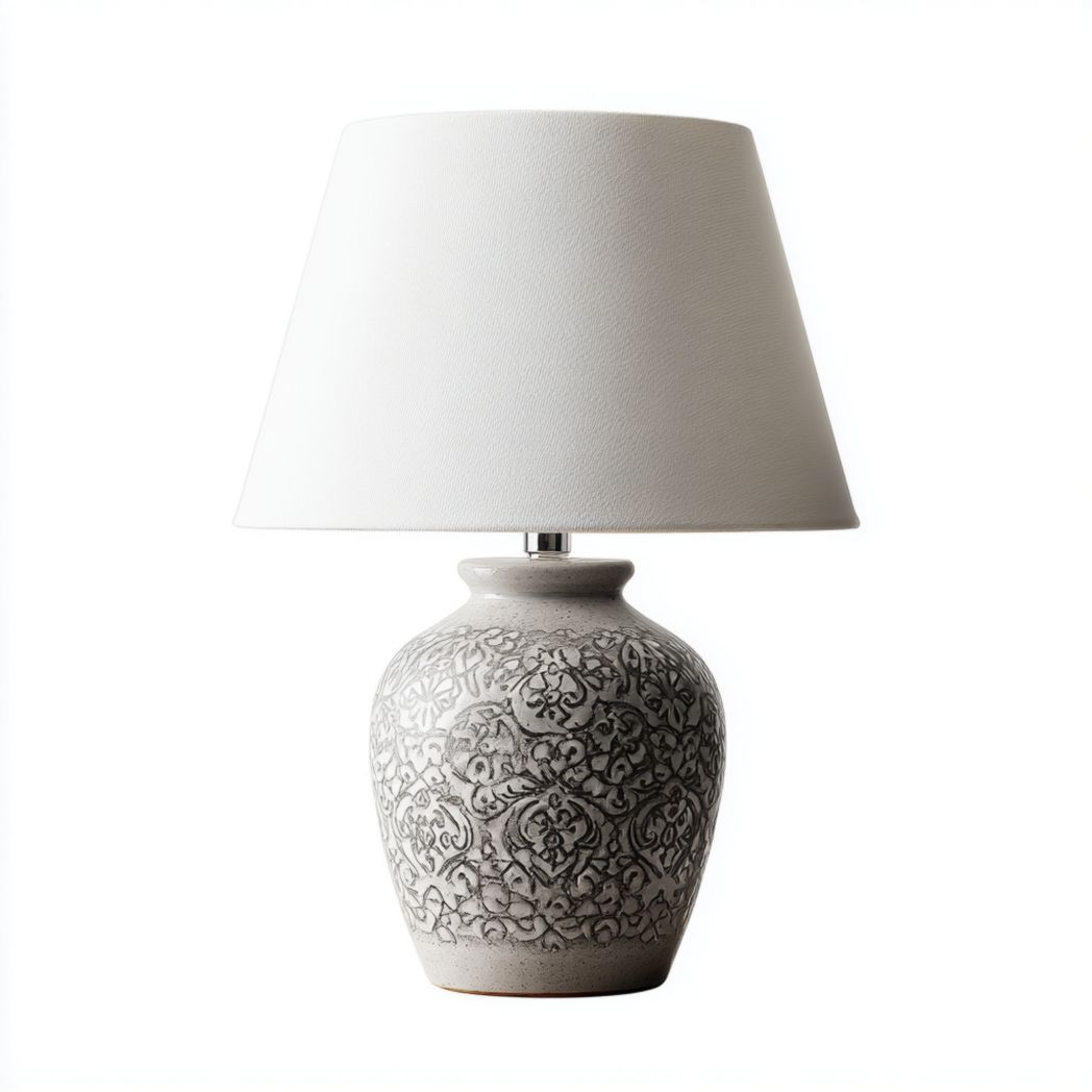 Lampe de table en céramique texturée gris clair avec abat-jour en tissu-Rr Furniture