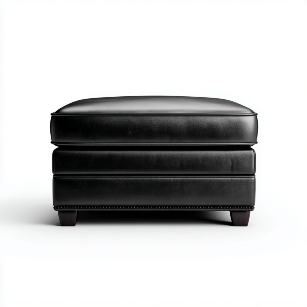 Pouf Carré en Cuir Noir avec Finition Cloutée et Pieds en Bois-Rr Furniture