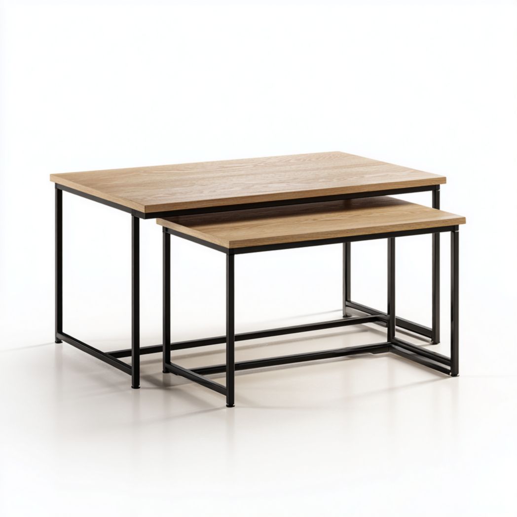 Set de 2 Tables Basses Gigognes Rectangulaires en Chêne et Métal Noir-Rr Furniture