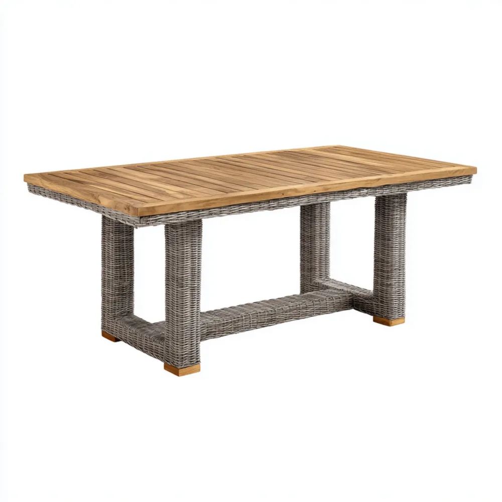 Table de jardin en bois et rotin 200x100x75 cm – Gris/Bois – Style rustique