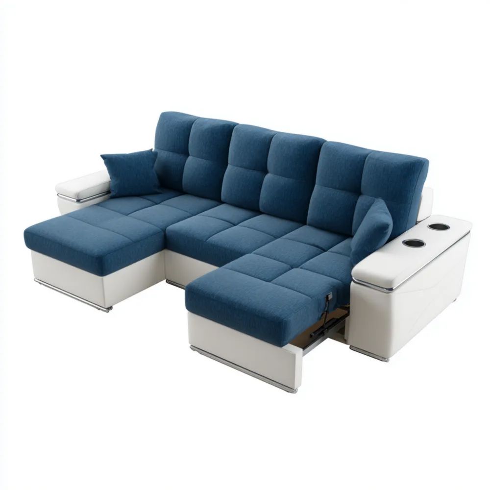 Canapé d'angle 250x150x85 cm – Bleu/Blanc – Design Moderne