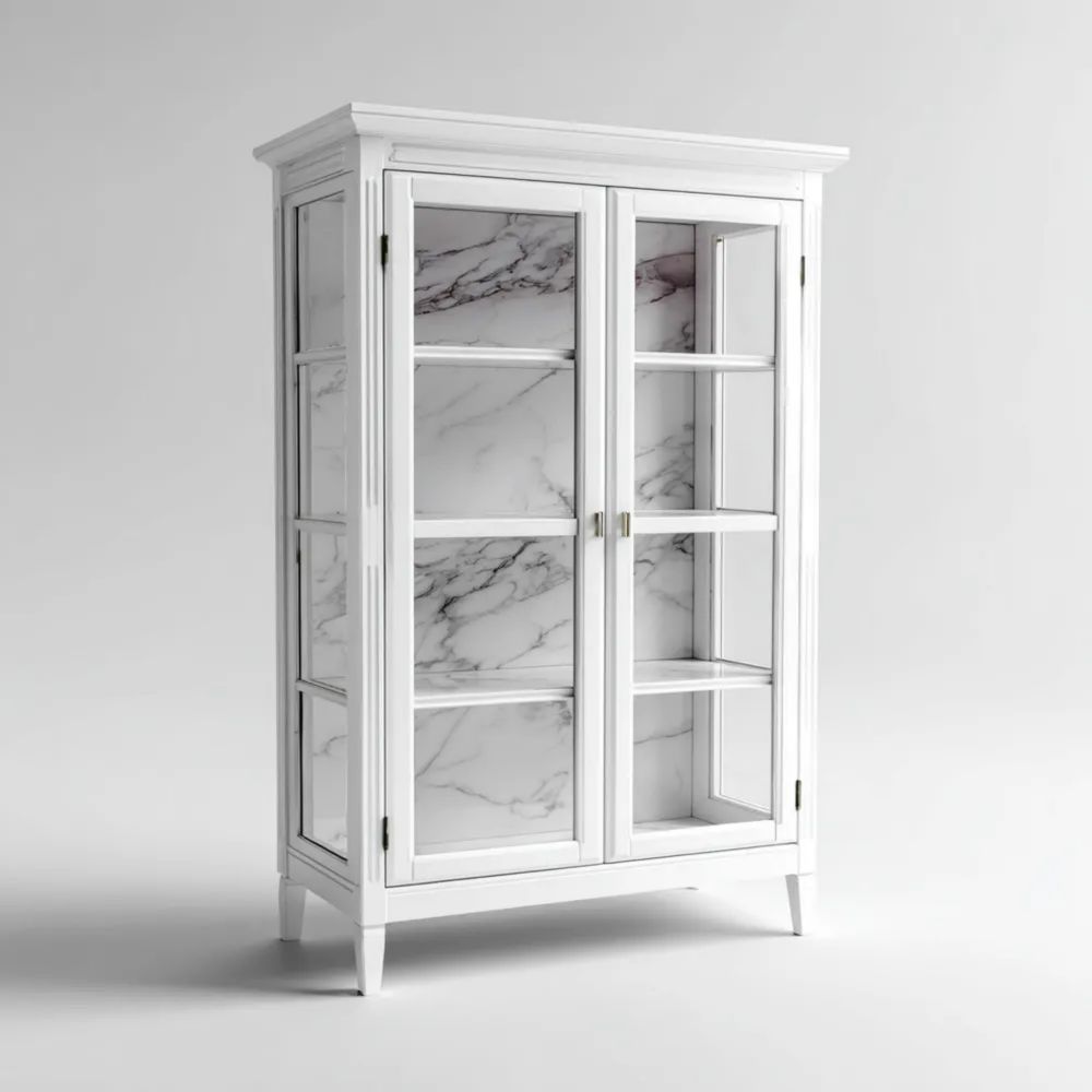 Vitrine en bois avec étagères en verre – 120x40x200 cm – Blanc – Design classique