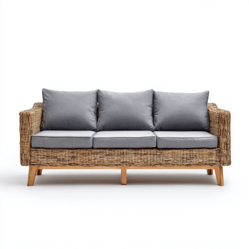 Canapé trois places en rotin 220x85x75 cm - Gris - Design moderne