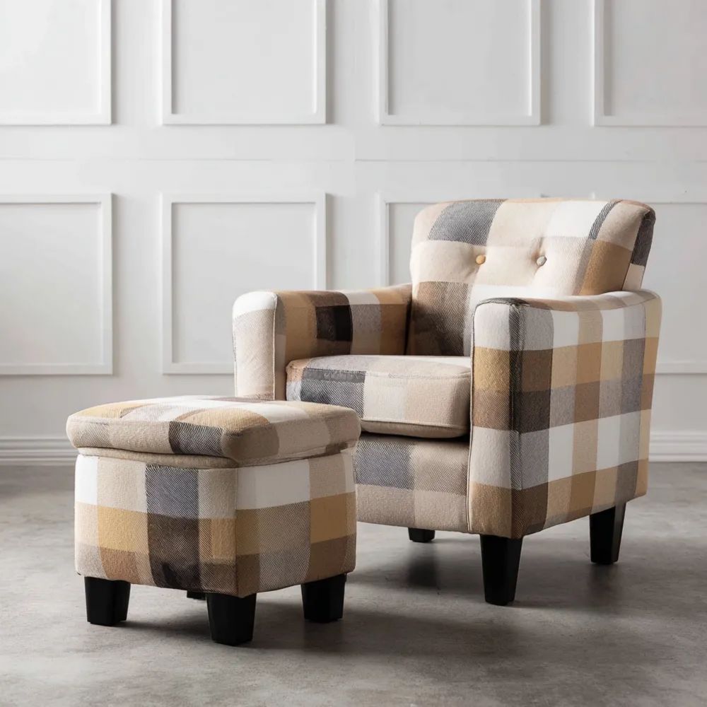 Fauteuil de détente avec repose-pieds tissu à carreaux 75x70x80 cm – Beige/Blanc/Gris – Design contemporain