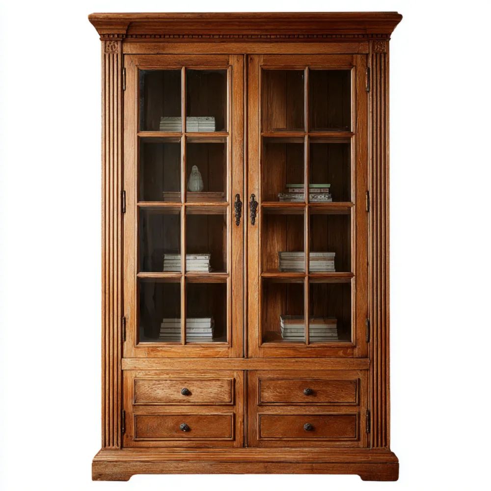 Vitrine en bois massif avec portes vitrées et tiroirs – 120x200x45 cm – Brun