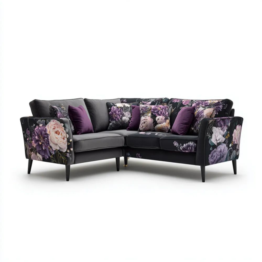 Canapé d'angle floral - Tissu imprimé - 250x150x85 cm - Noir/Violet-placelino