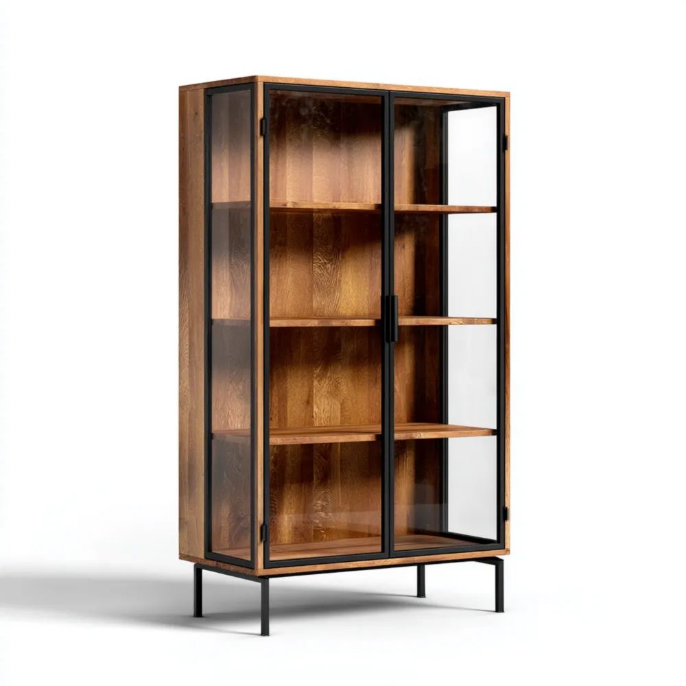 Vitrine en bois et verre 180x90x40 cm - Bois naturel/Noir-placelino