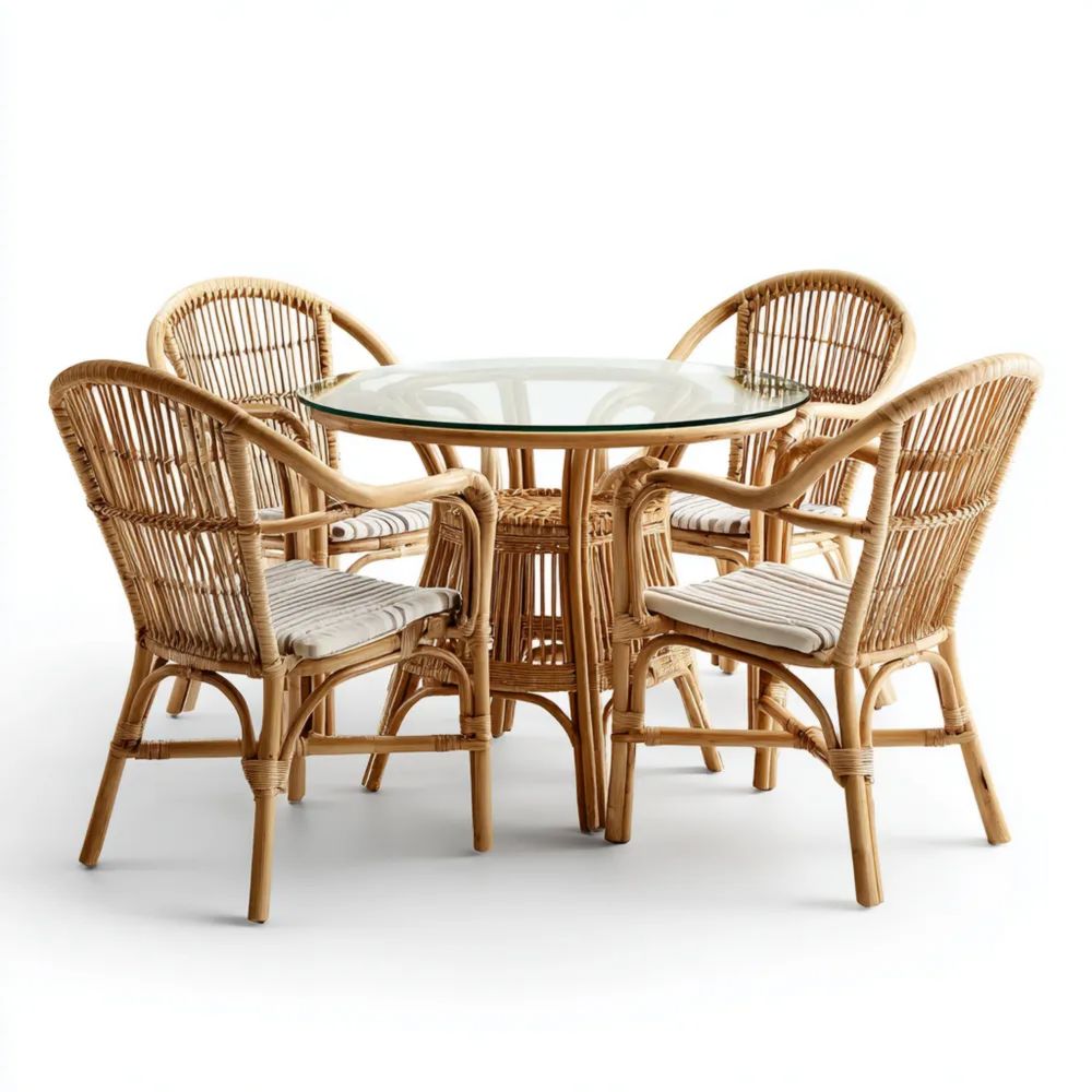 Ensemble table et chaises de jardin en rotin avec plateau en verre 100x100x75 cm – Naturel-placelino