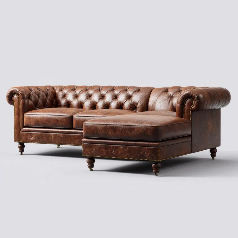 Canapé d'angle Chesterfield cuir 250x90x80 cm – Marron – Style classique-calmestino