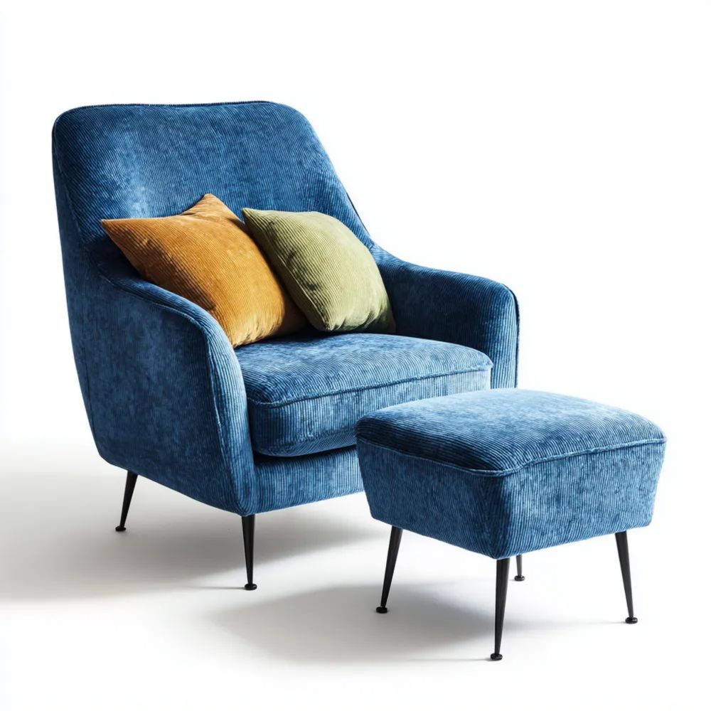 Fauteuil de détente en velours côtelé avec repose-pieds 85x75x100 cm – Bleu – Design moderne-calmestino