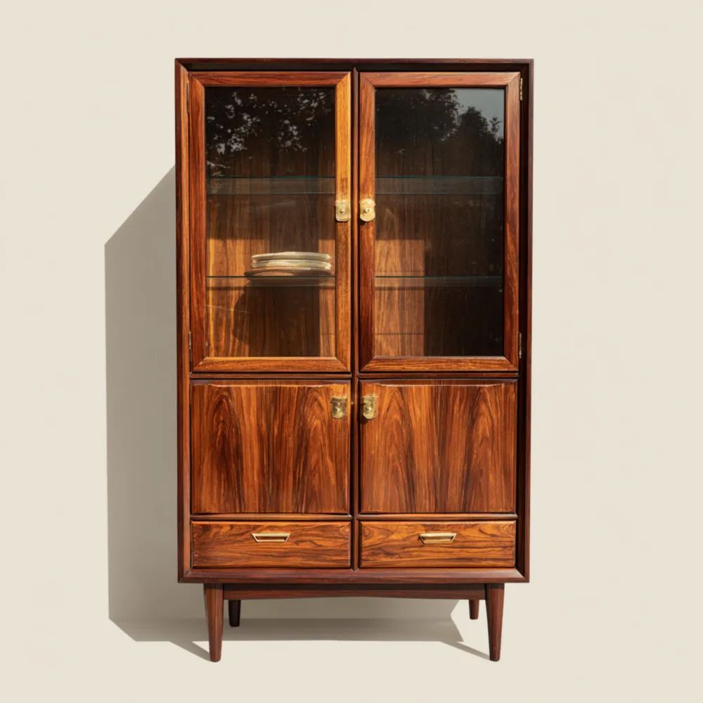 Armoire vintage en bois avec portes vitrées 120x200x40 cm - Design rétro-calmestino