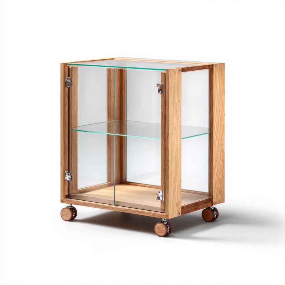 Vitrine en verre et bois sur roulettes 58x40x80 cm – Design contemporain-calmestino