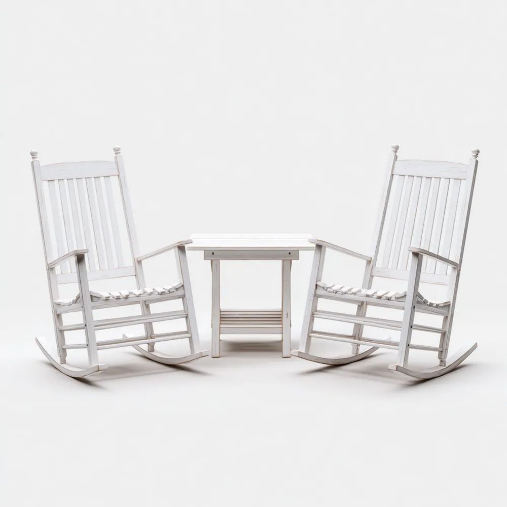 Set fauteuils à bascule en bois Blanc 90x65x100 cm et table 50x50x45 cm – Design rustique-calmestino