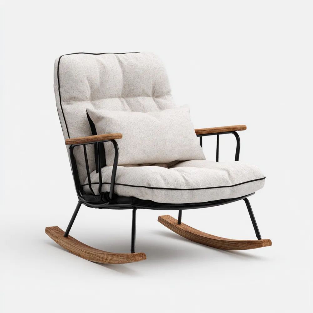 Fauteuil à bascule Rembourré Tissu Beige – 75x90x100 cm avec Accoudoirs en Bois-calmestino