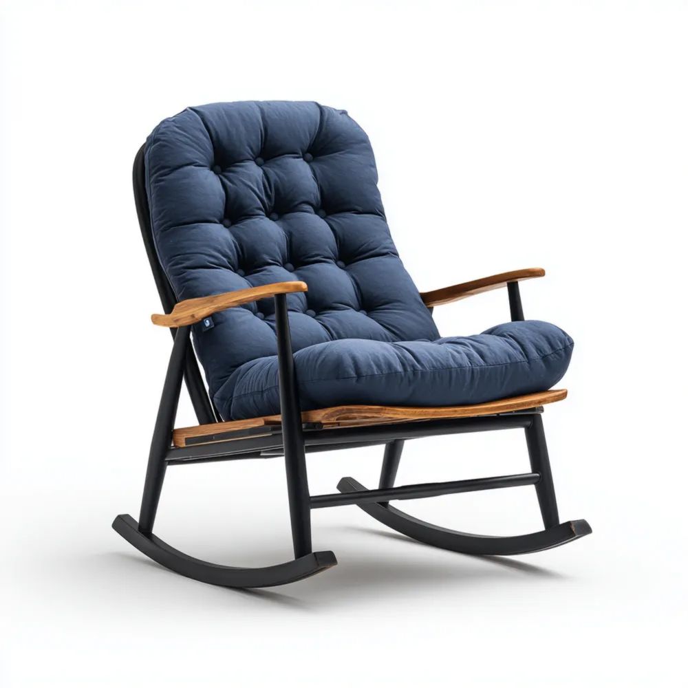 Fauteuil à bascule moderne en tissu Bleu 65x85x95 cm avec accoudoirs en Bois-calmestino