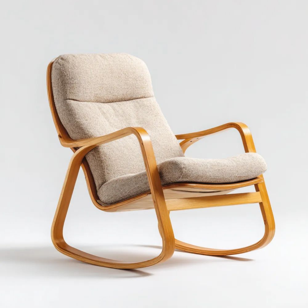 Fauteuil à bascule en bois rembourré 60x90x85 cm – Beige – Design scandinave-calmestino