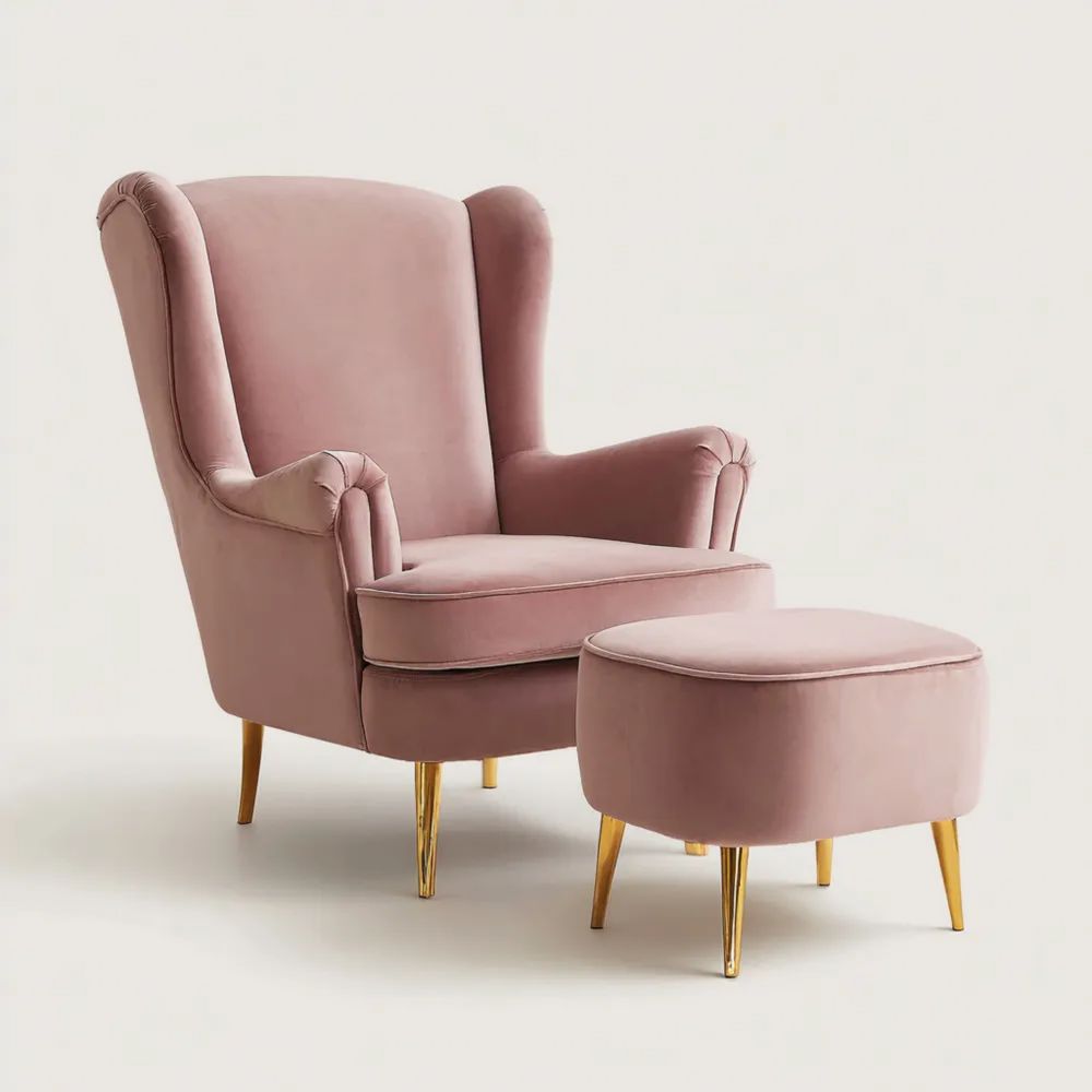 Fauteuil de détente en velours avec repose-pieds 90x80x100 cm – Rose – Design classique-calmestino