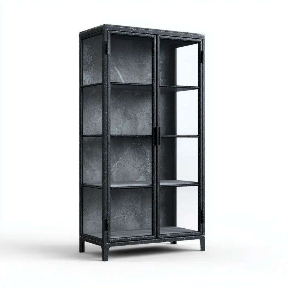 Vitrine en métal avec portes en verre 180x80x40 cm – Noir – Design industriel-calmestino