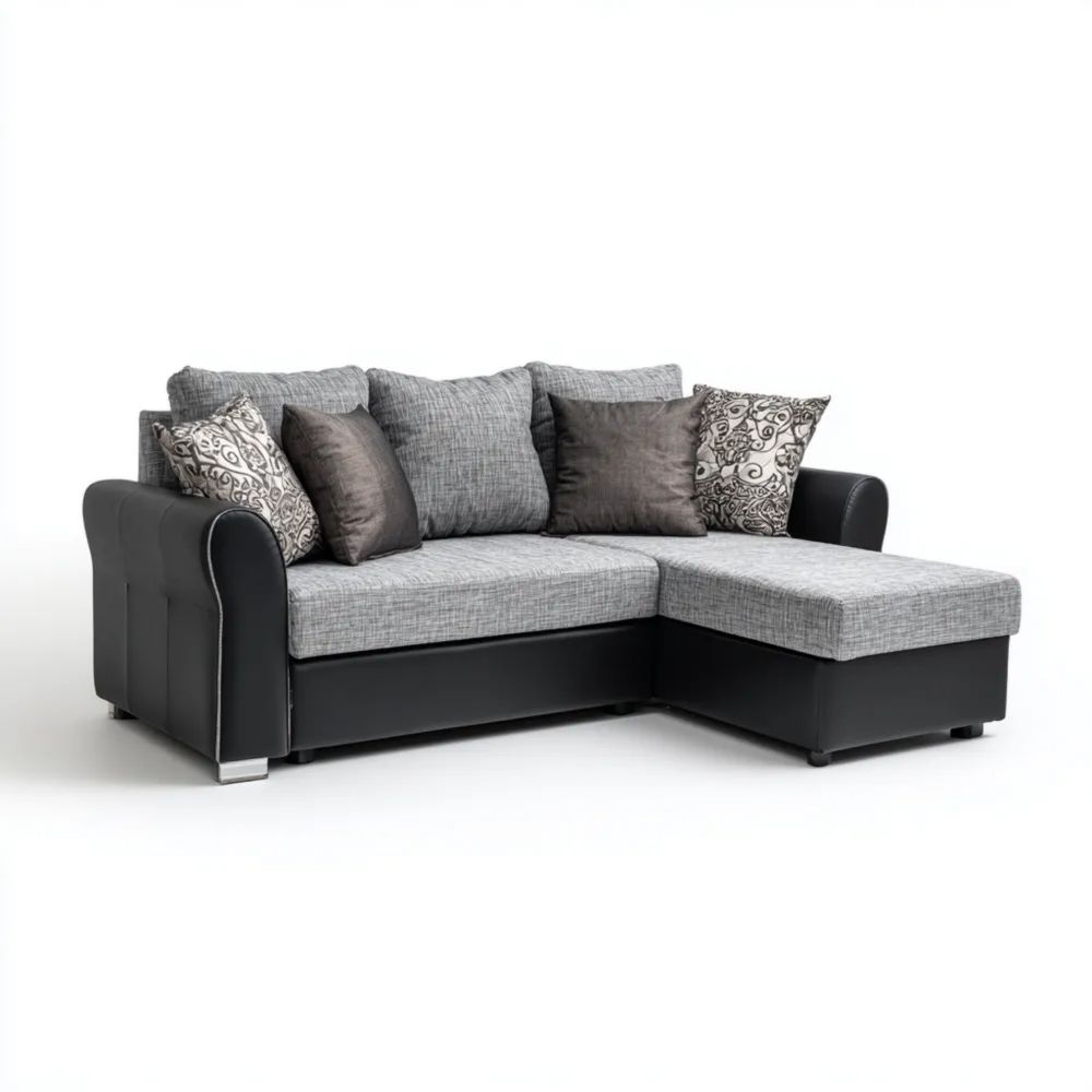 Canapé d'angle Tissu/Cuir synthétique 250x150x85 cm - Gris/Noir-calmestino