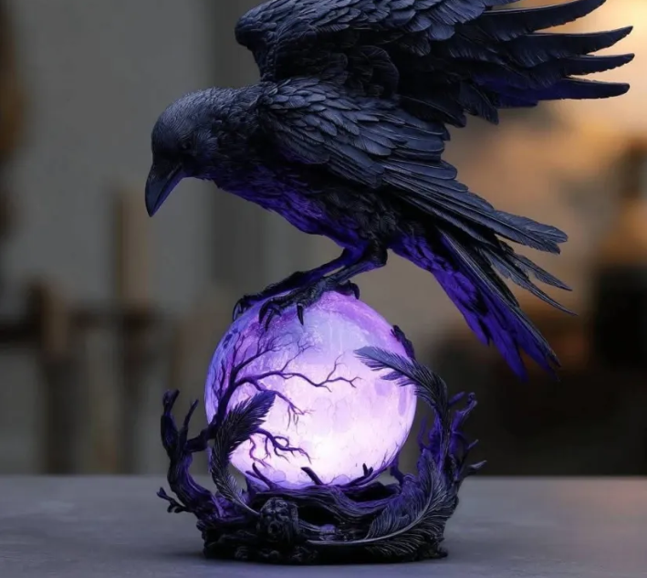 “Raven's Moonlight” Gothic LED Lamp – Mysterious Crow on Glowing Orb Sculpture