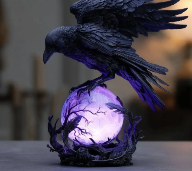 “Raven's Moonlight” Gothic LED Lamp – Mysterious Crow on Glowing Orb Sculpture
