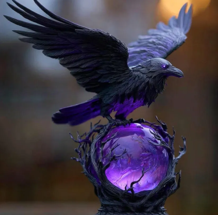 “Raven's Moonlight” Gothic LED Lamp – Mysterious Crow on Glowing Orb Sculpture