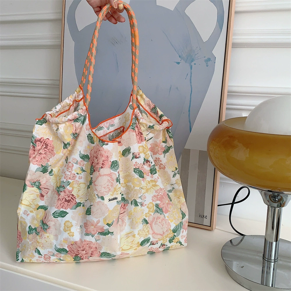 Floral Drawstring Tote Bag