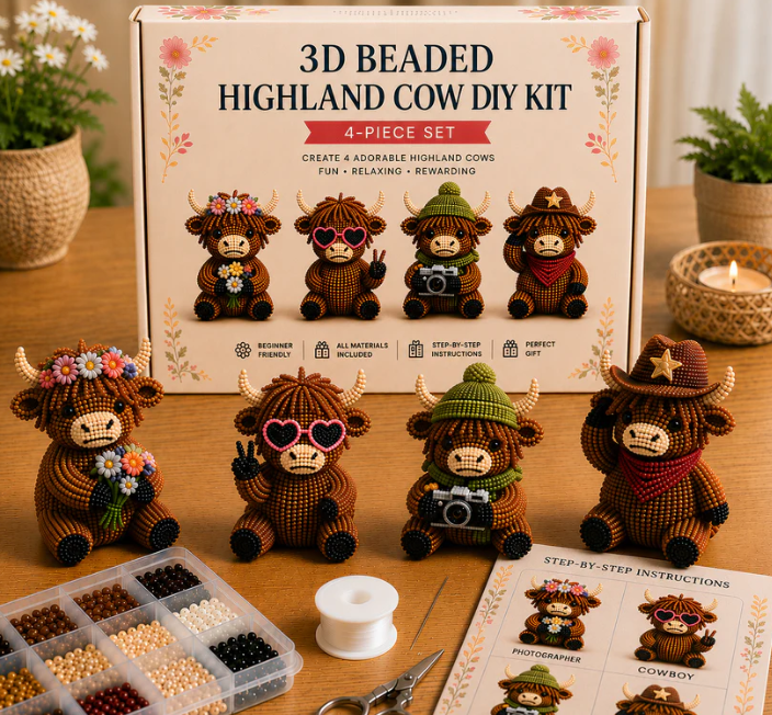 3D Highland Cow DIYBead Kit -8 AdorableHandmade Cow DesignsCraft Set
