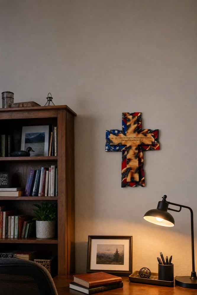 Tattered Flag Cross in a home study Tattered Flag Cross in a home study
