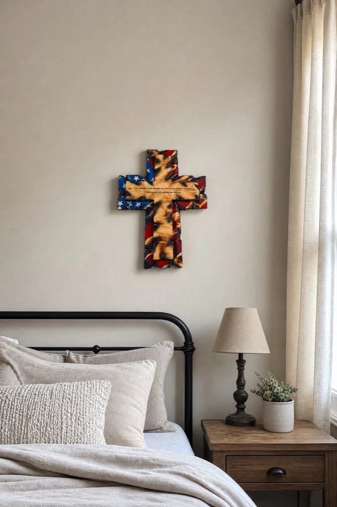 Tattered Flag Cross above a bedroom headboard Tattered Flag Cross above a bedroom headboard