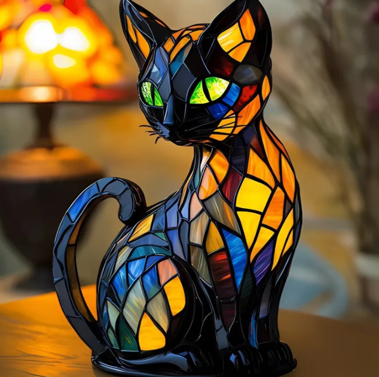 🐱 Stained-Glass Cat Ambient Lamp – Artistic Light with a Feline Soul