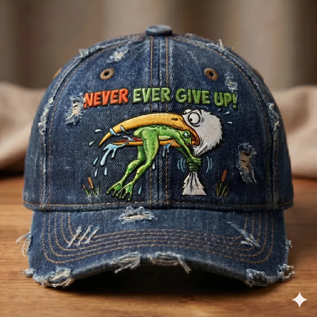 NEVER EVER GIVE UP Denim Embroidered Baseball Cap