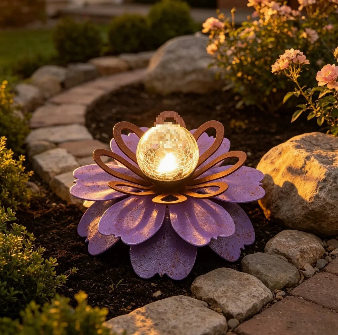 Solar Powered Lotus Flower Light with Crackle Glass Ball - Waterproof Garden Decor🔥