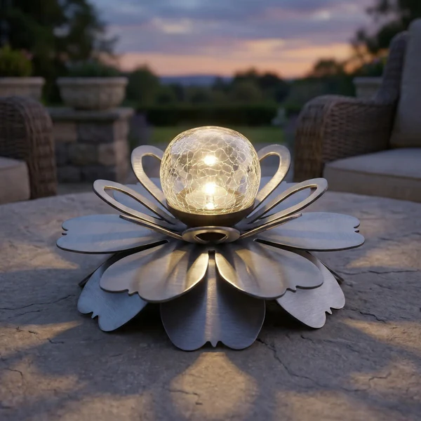 Solar Powered Lotus Flower Light with Crackle Glass Ball - Waterproof Garden Decor🔥