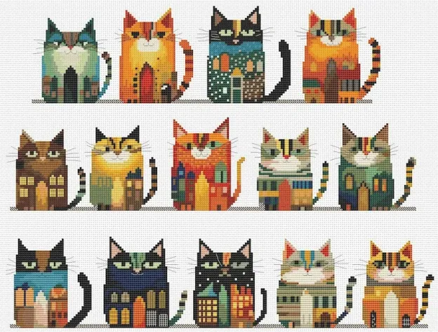 🧵 Whimsical Cat Houses Cross Stitch Kit