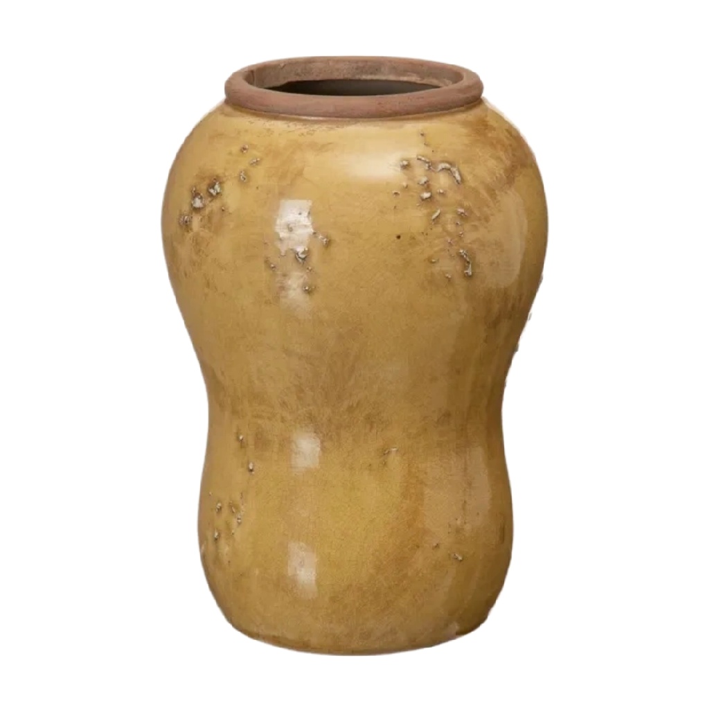 Vase Rustique en Céramique Émaillée - Jaune Ocre Antique-woodsera