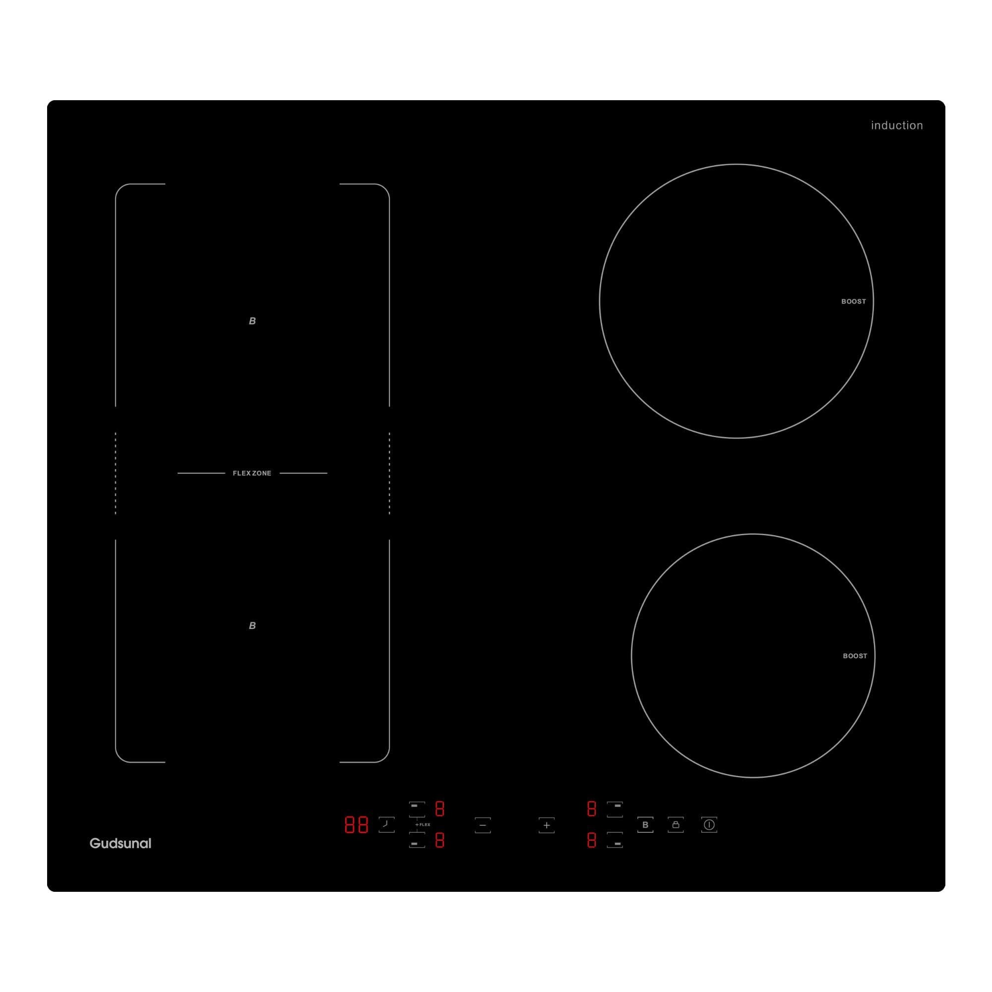 Gudsunal Plaque induction 4 feux, Table de Cuisson Encastrable,7200W, Zone Flexible,9 niveaux de chauffage,Boost, Minuterie, Arrêt automatique, Verrouillage de sécurité enfant